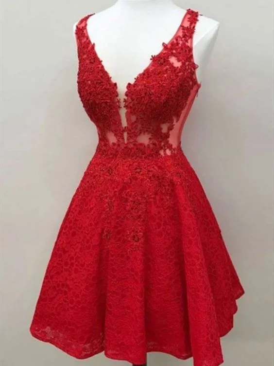 A Line V Neck Short Red Lace Formal Homecoming Dresses  C671