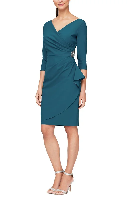 3/4 Sleeve Short Compression Collection Surplice Sheath Dress with Beaded Hip Detail & Cascade Ruffle Detail