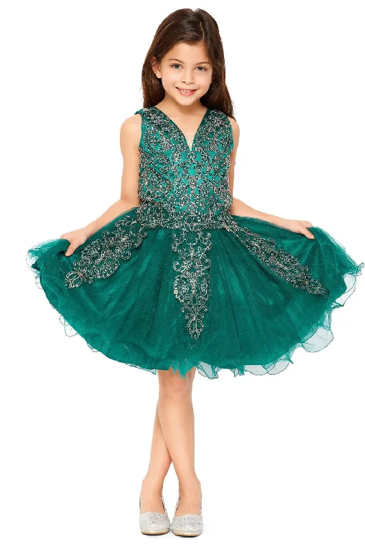 Girls Short Applique V-Neck Dress by Cinderella Couture 5110