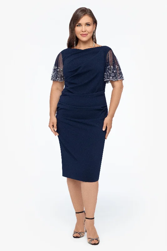 Plus "Emily" Short Scuba Crepe Beaded Sleeve Dress