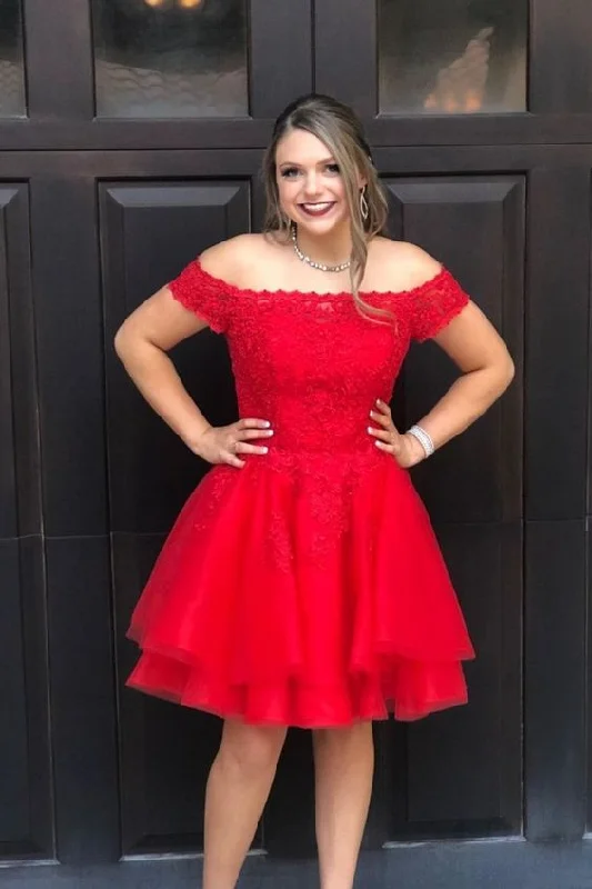 princess red short homecoming dress features with off the shoulder lace top and lace up back C674