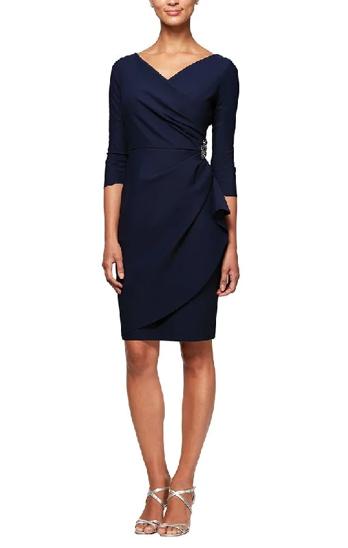 3/4 Sleeve Short Compression Collection Surplice Sheath Dress with Beaded Hip Detail & Cascade Ruffle Detail