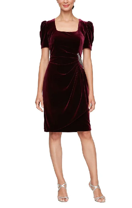 Short Scoop Neck Velvet Sheath Dress with Short Puff Shoulder Sleeves and Beaded Cascade Skirt