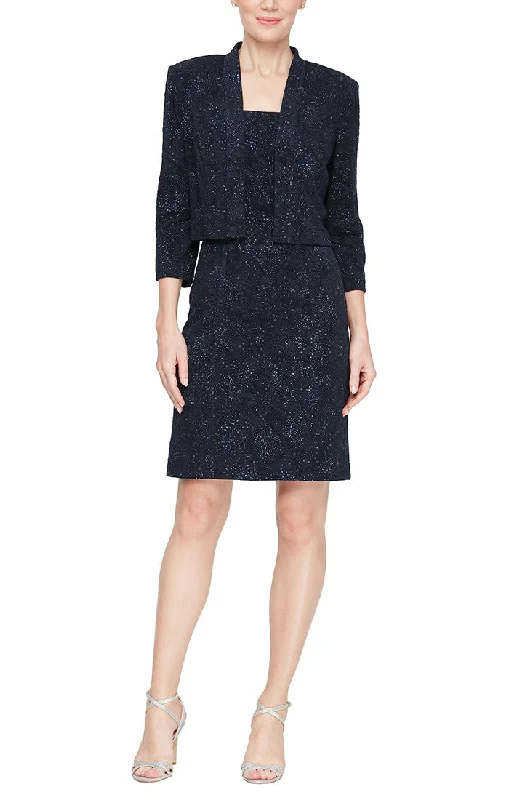 Short Sheath Jacquard Knit Jacket Dress with Square Neckline, Front Slit and Open Jacket