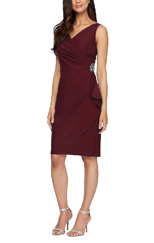 Short Side Ruched Compression Dress with Surplice Neckline, Cascade Ruffle Skirt & Beaded Detail at Hip