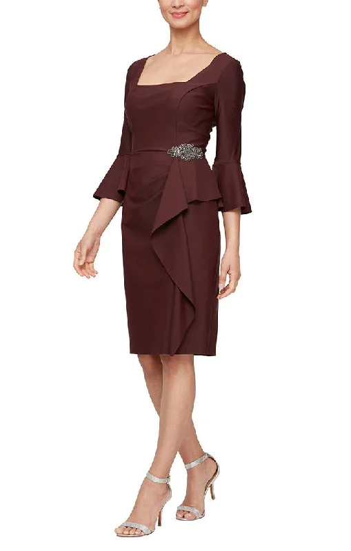 Short Square Neck Sheath Dress with Bell Sleeves & Embellished Cascade Ruffle Detail