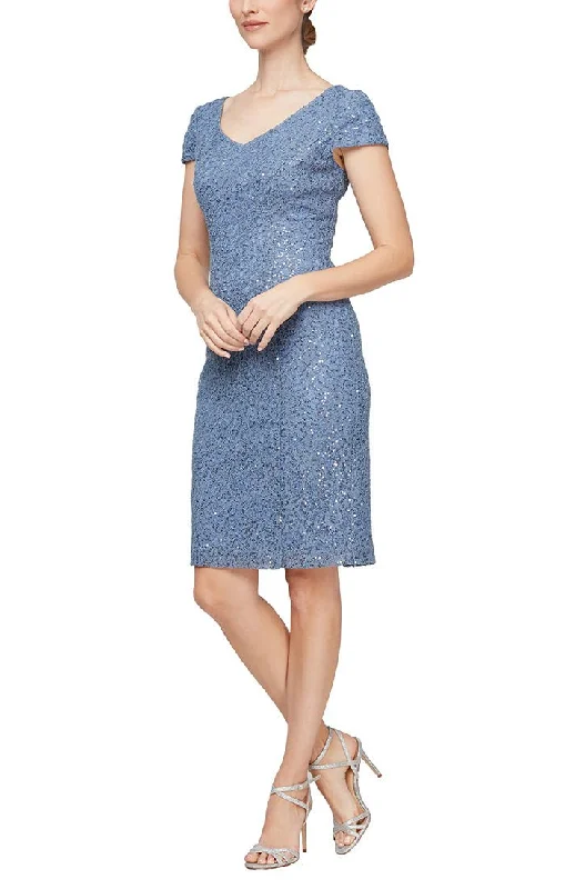 Short Corded Sheath Dress With V-Neckline and Cap Sleeves