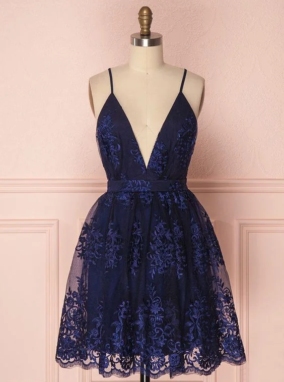 Spaghetti Straps Short Navy Blue Homecoming Dress with Appliques C88