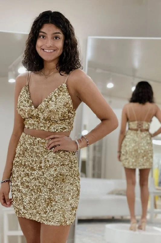 Stunning two piece gold sequins short homecoming dress C644