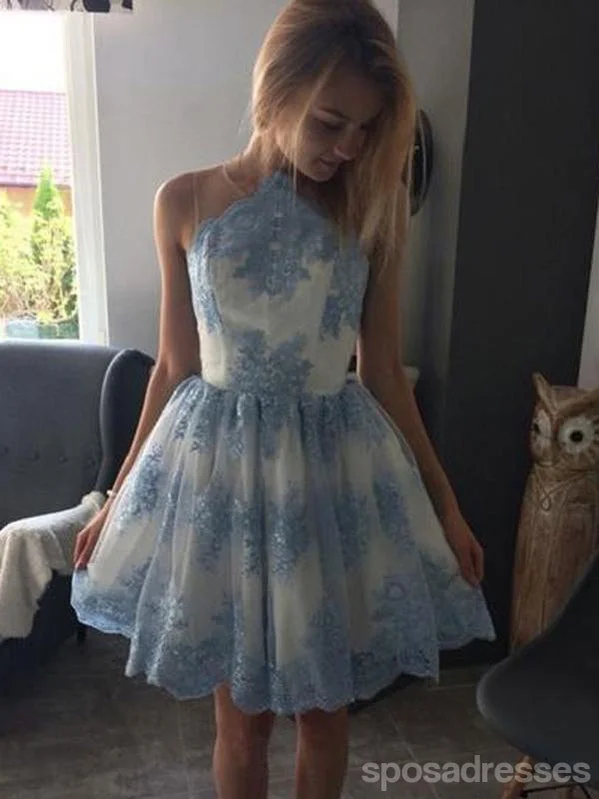 Blue Lace Scoop Neck See Through Cheap Homecoming Dresses 2018, CM414