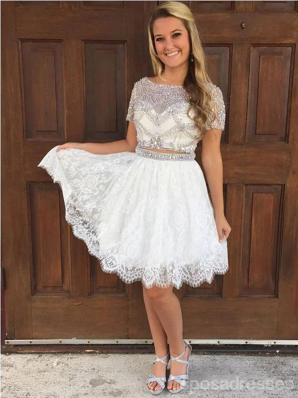 Cap Sleeves Rhinestone Two Pieces Short Homecoming Dresses 2018, CM503