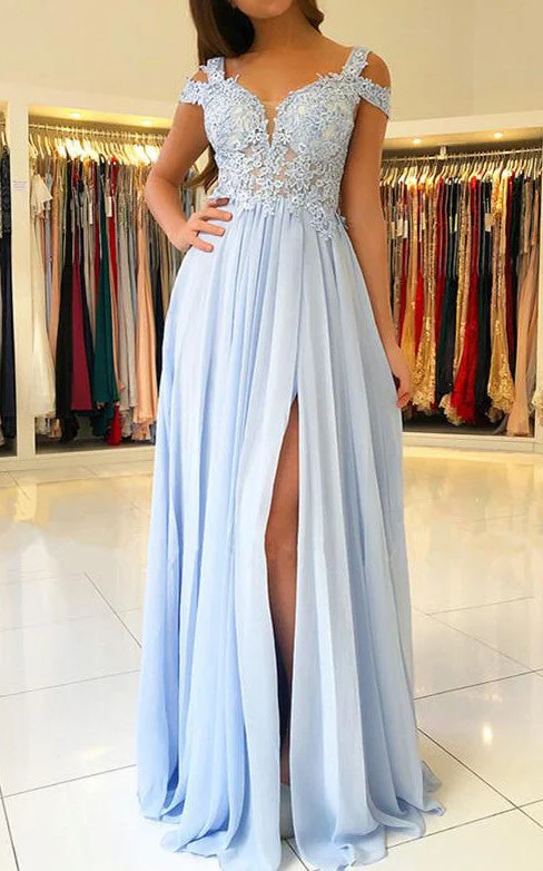 Chiffon Lace Floor-length A Line Short Sleeve Elegant Prom Formal Dress with Pleats-334290