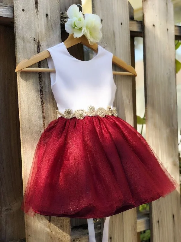 Crew Tulle Short Flower Girl Dresses Waist with Rhinstone