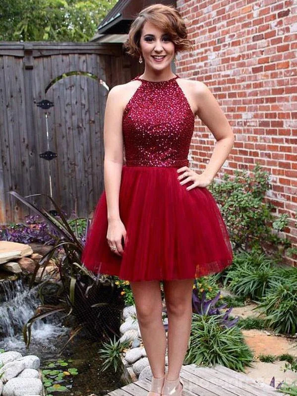 Halter Burgundy Beaded Cheap Short Homecoming Dresses Online, CM603