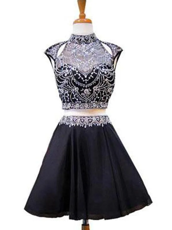 High Neck Beaded Short Two Piece Black Homecoming Dresses 2018, CM479