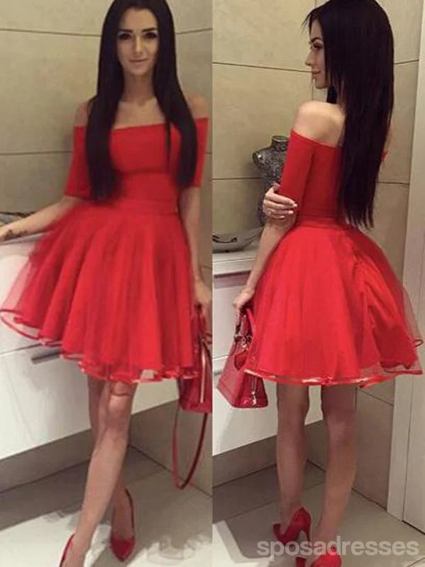 Off Shoulder Short Sleeves Red Short Cheap Homecoming Dresses Online, CM567