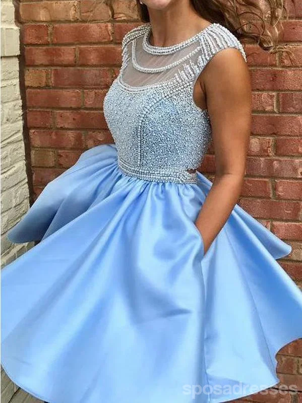 Open Back Blue Cap Sleeve Soop Short Cheap Homecoming Dresses Online, CM564