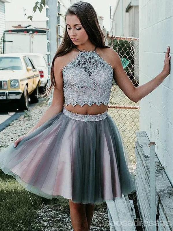 Sexy Two Pieces Halter Grey Tulle Cheap Homecoming Dresses Online, CM706