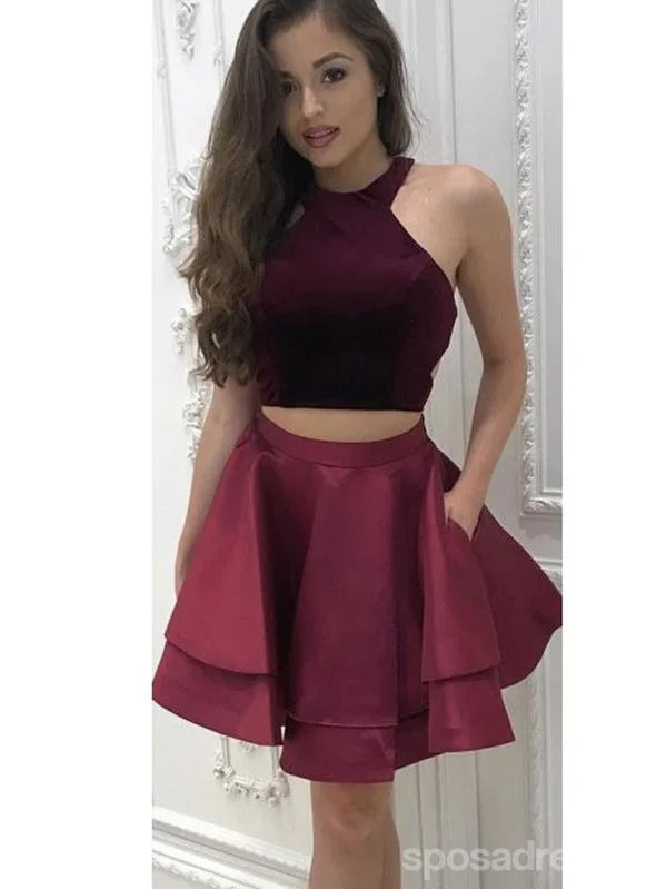 Sexy Two Pieces Simple Cheap Halter Dark Red Short Homecoming Dresses Online, CM538