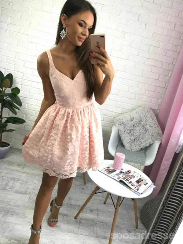 Short Cheap Simple V Neck Blush Pink Lace Homecoming Dresses 2018, CM518