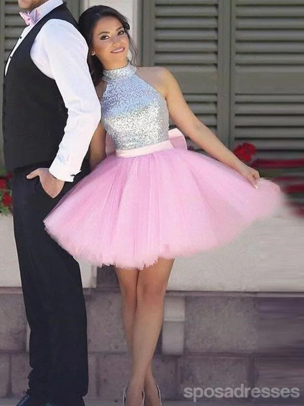 Simple Cute Short Silver Sequin Pink Skirt Cheap Homecoming Dresses 2018, CM523