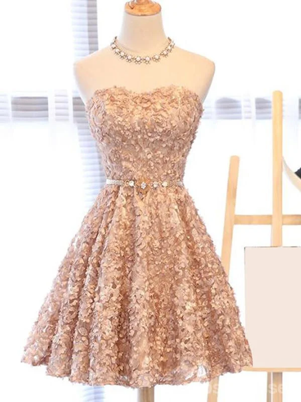 Sweetheart Champagne Lace Cheap Short Homecoming Dresses Online, CM648