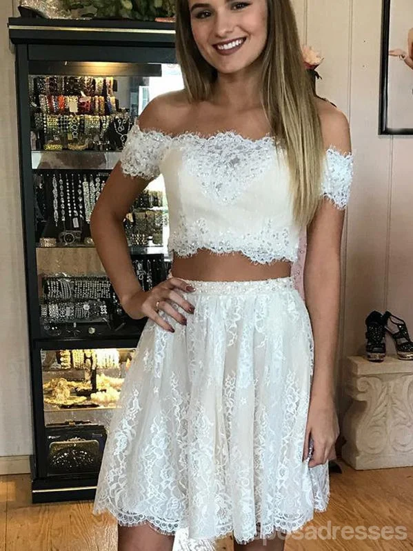 Two Pieces Off Shoulder Lace Cheap Short Homecoming Dresses Online, CM646