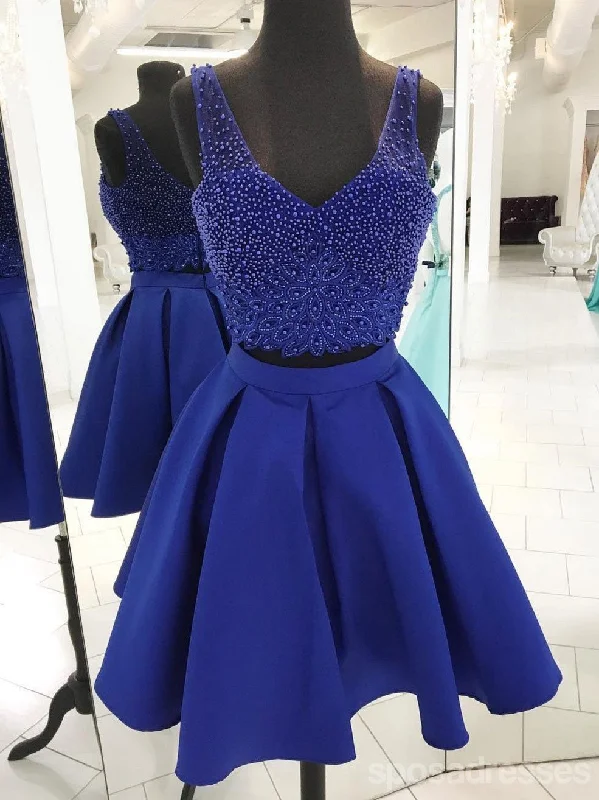 V Neck Beaded Royal Blue Two Piece Homecoming Dresses 2018, CM500