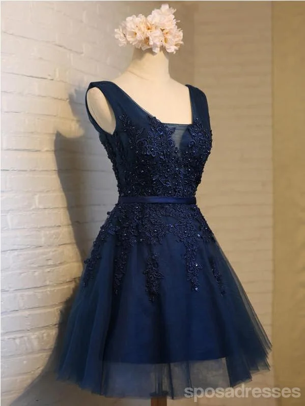 V Neck Navy Lace Beaded Short Homecoming Dresses Online, CM678