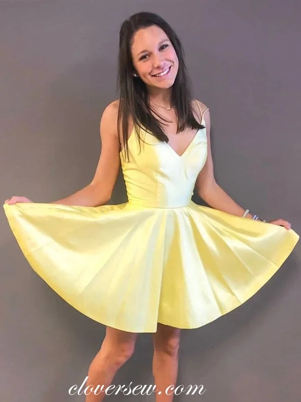 Yellow Satin Spaghetti Strap Short Homecoming Dresses, CH0015