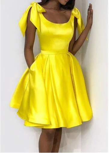 Yellow Short Homecoming Dresses Shoulder with Bowknots