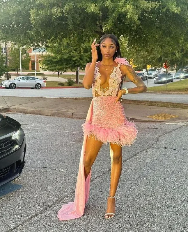 Luxury Short Pink Prom Homecoming Dress with Train Applique Crystal Black Girl Birthday Celebrity Gown