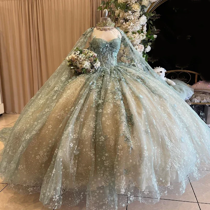 Quinceanera Dresses With Cape Ball Gown Sweetheart Lace Beading Tulle Lace-Up Backless Party Princess Sweet 16 Dress