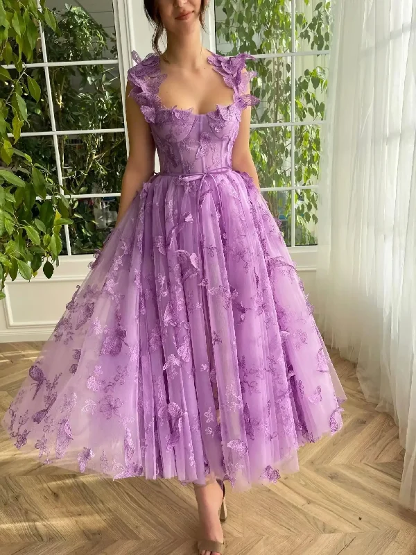 Tulle Prom Dresses 3D Butterfly Spaghetti Straps Tea Length Homecoming Dress