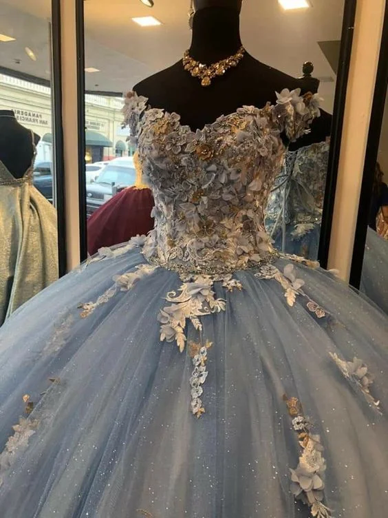 Sky Blue A-line Tulle Ball Gown Puffy Sweet 16 Dress 3D Flowers Birthday Dress    S2336