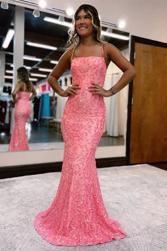 Amazing Pink Long Spaghetti Straps Mermaid Prom Dress With Lace    S2639