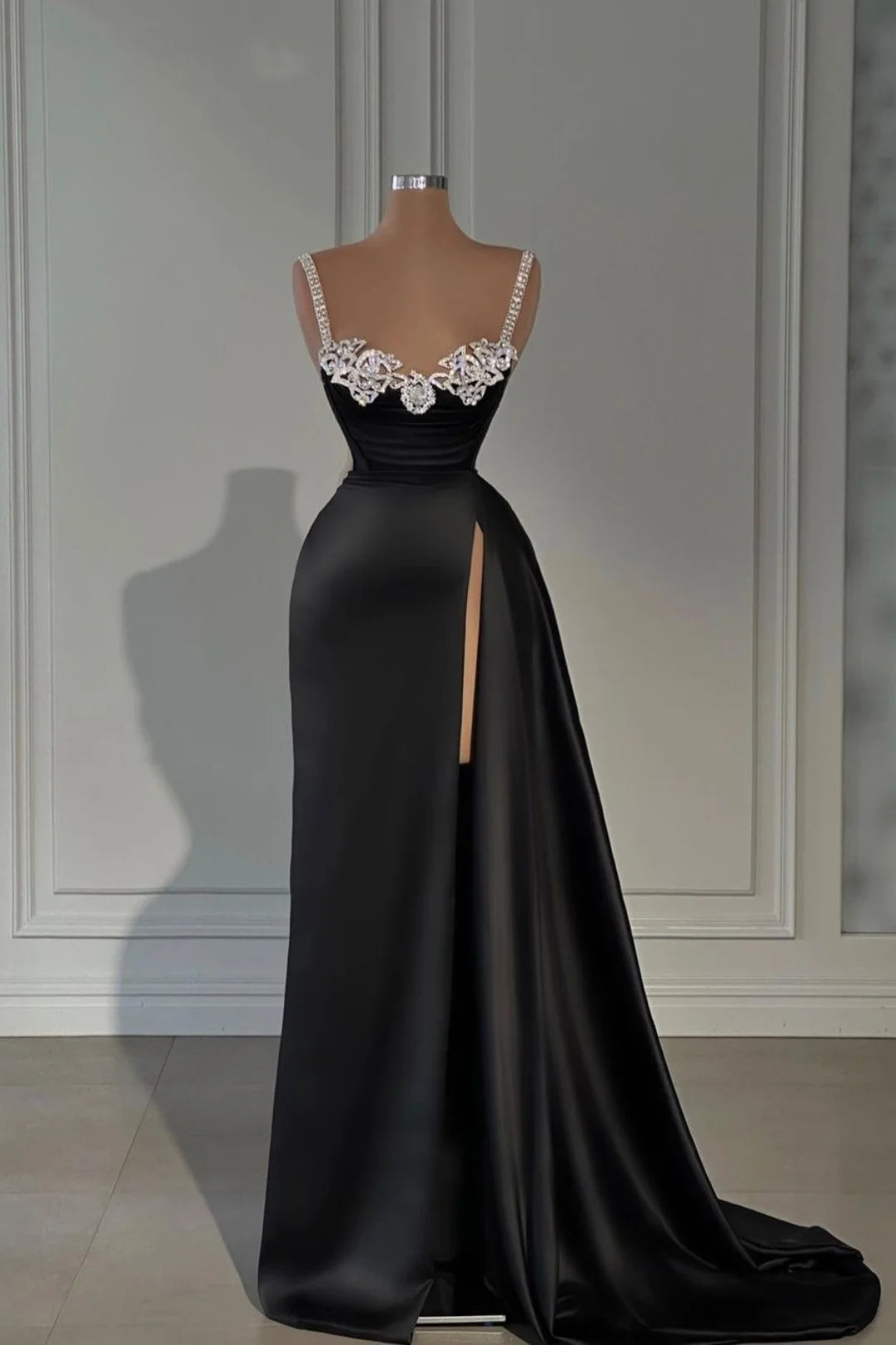 Black Evening Dress Satin Spaghetti Strap With Split Beadings         S3158