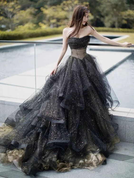 Black Sparkly Tulle Prom Dresses Strapless Ruffled Formal Gown      S3545