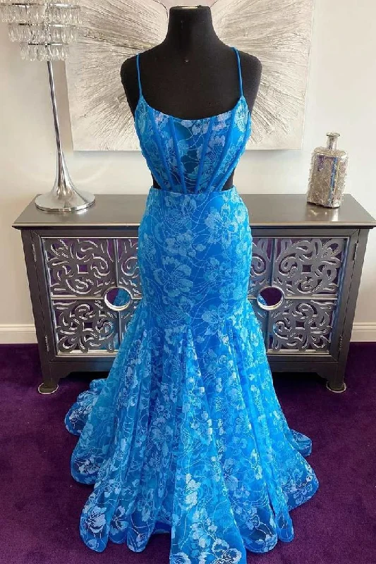 Blue Floral Lace Backless Trumpet Long Prom Gown        S2497