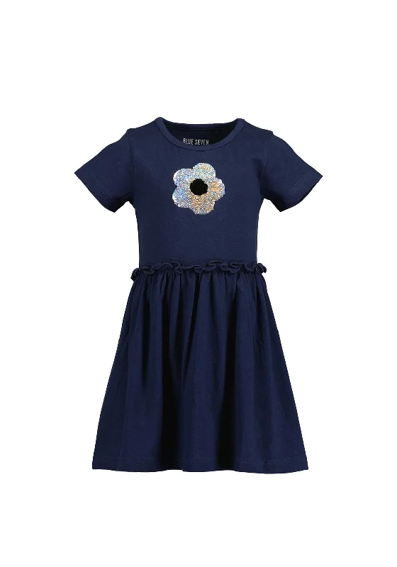 Blue Seven Girl Sequins Floral Short Sleeve Dress, Navy