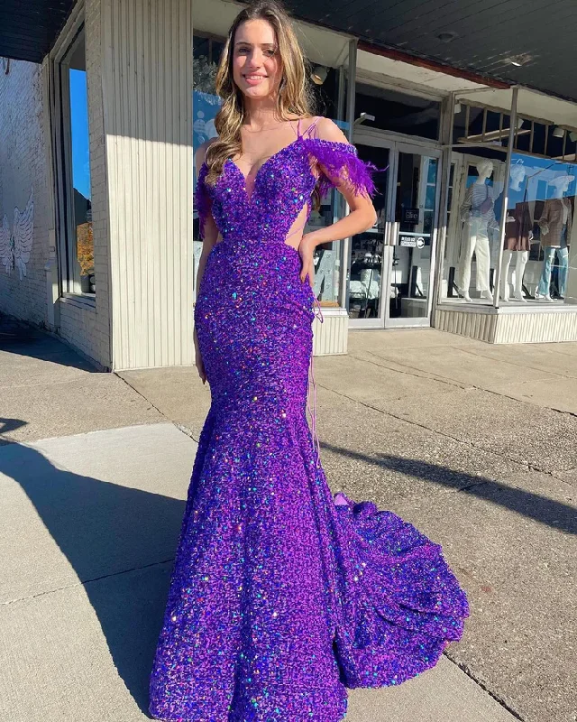 Charming Mermaid Purple Sequins Long Prom Dresses with Feather    S2478