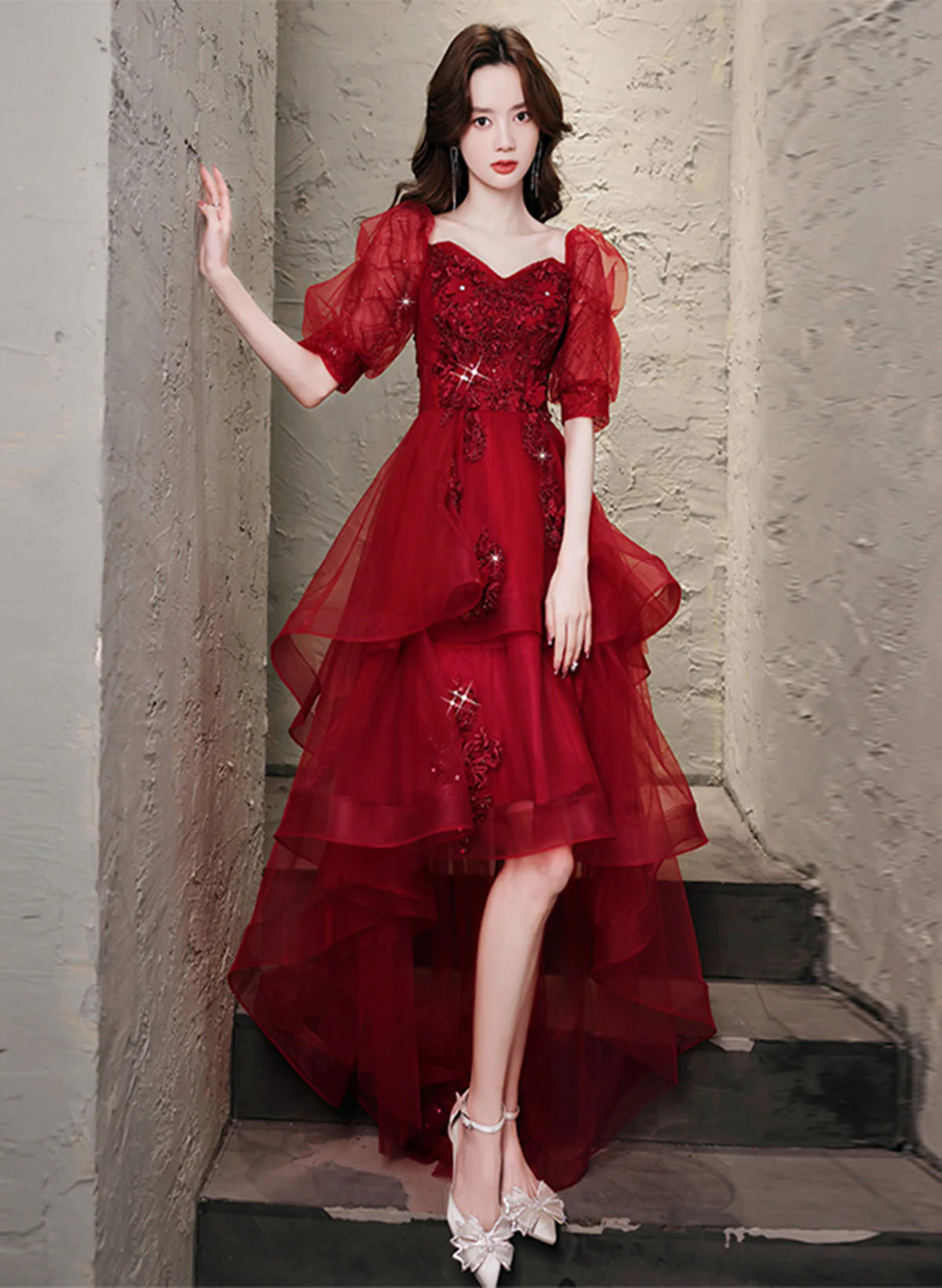 Chic Wine Red High Low Short Sleeves Party Dress, Wine Red High Low Homecoming Dress     S2558