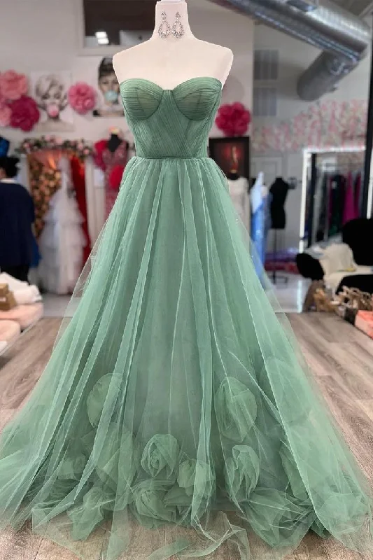 Cute A Line Sweetheart Sage Green Tulle Long Prom Dresses       S3630