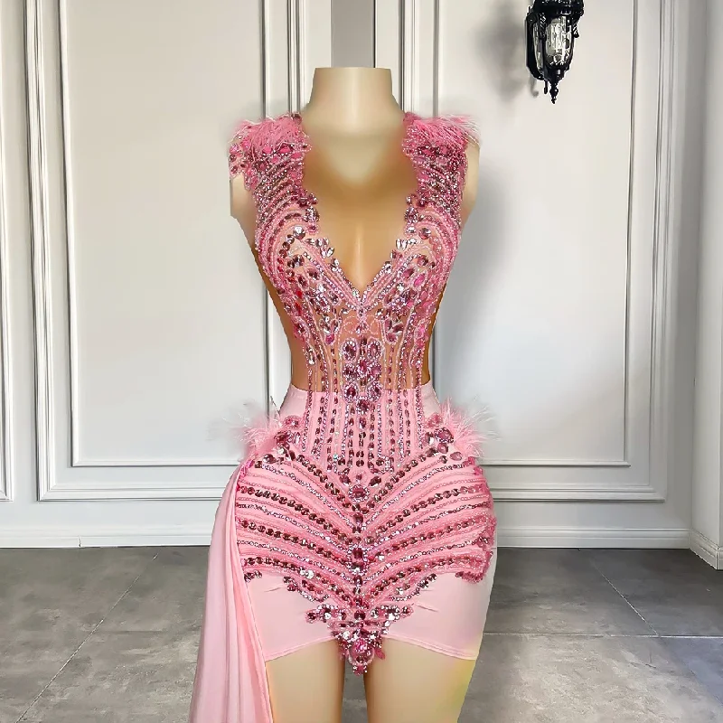 Cute Pink Luxury Diamond Birthday Formal Dress For Women Sheer Mesh Feather Black Girls Short Prom Dresses 2024