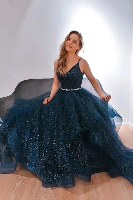 Dark blue v neck tulle sequin long prom dress blue formal dress     S3246