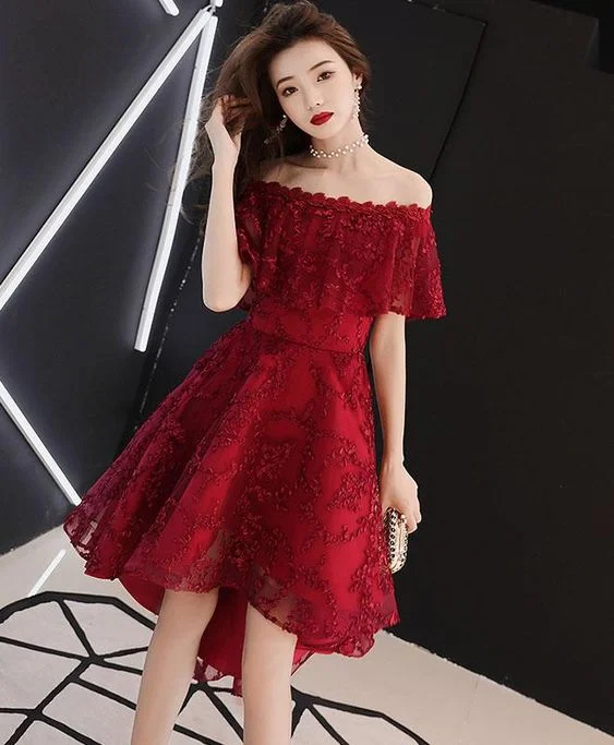 Dark Red Lace High Low Off Shoulder Wedding Party Dress, Lace Short Prom Dress Homecoming Dress     S2948