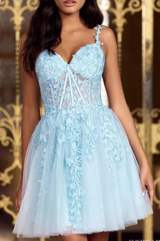 A line V Neck Lace Appliques Short Homecoming Graduation Dress QH2337