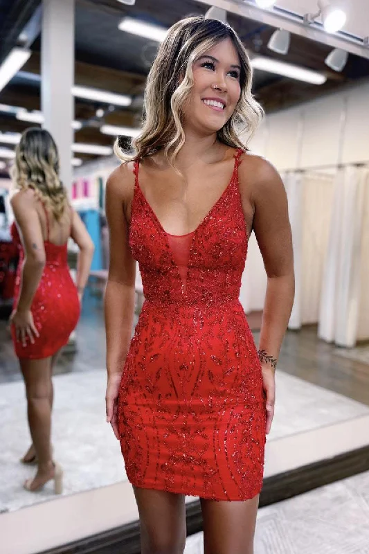 Sexy V neck Lace Appliques Short Homecoming Dress Tight Graduation Dress QH2376