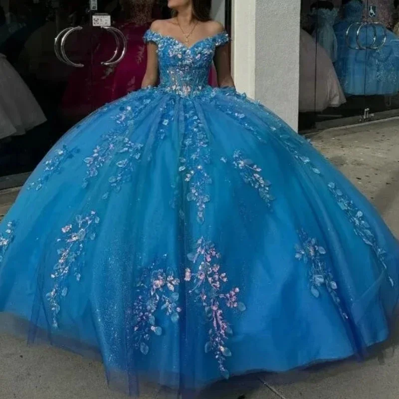 Elegant Blue Princess Quinceanera Dresses Off Shoulder Flower Applique Corset Vestido De 15 Anos Sweet 16 Year Girl Prom Party