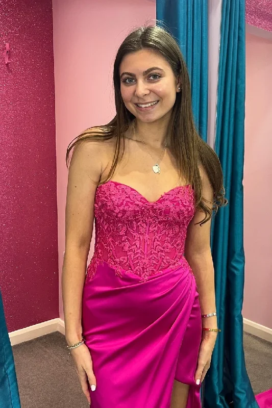 Fuchsia Lace and Satin Ruched Mermaid Prom Dress